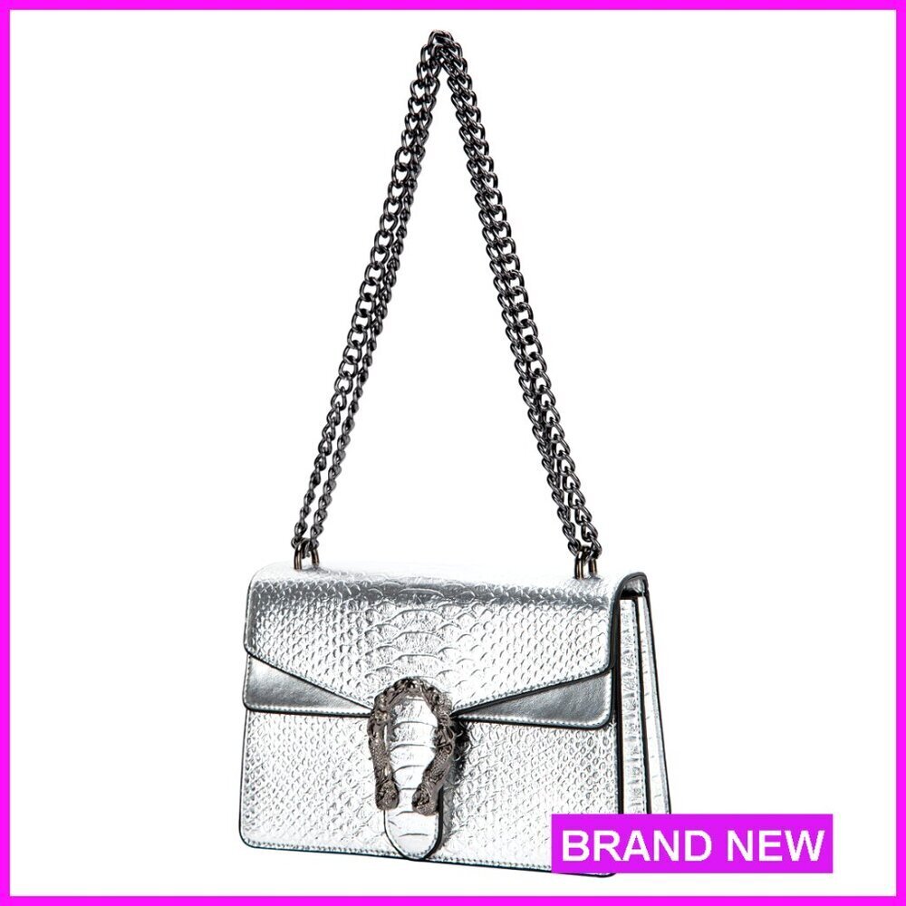 Faux Leather Crossbody Bag with Chain Strap, Square Satchel Handbag